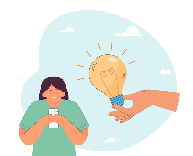 Happy woman with smartphone next to big hand holding lightbulb