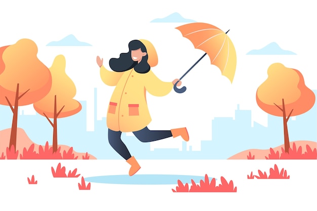 Счастливая женщина в желтом плаще с зонтиком в руках гуляет в осеннем парке