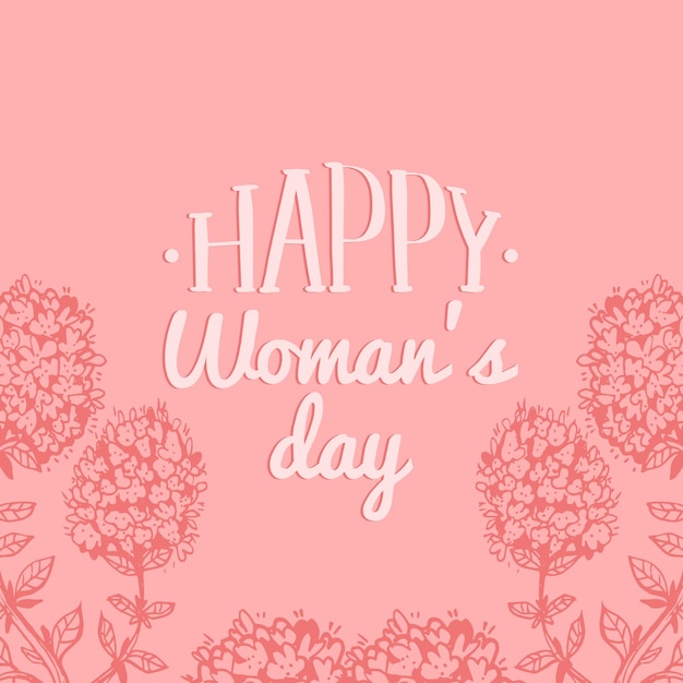 Happy womans dag handgeschreven belettering kaart. uitstekende bloemenachtergrond. vector 8 maart krullende kalligrafie met bloemen illustraties.