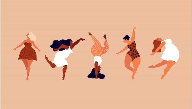 Happy women. Body positive, love yourself, your body concept. Female freedom, girl power or international women's day  illustration.