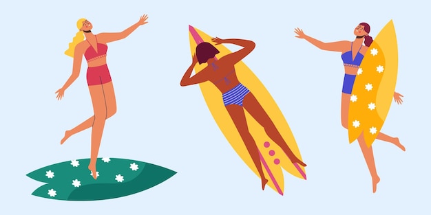 Vector happy women conquer the waves on the surf