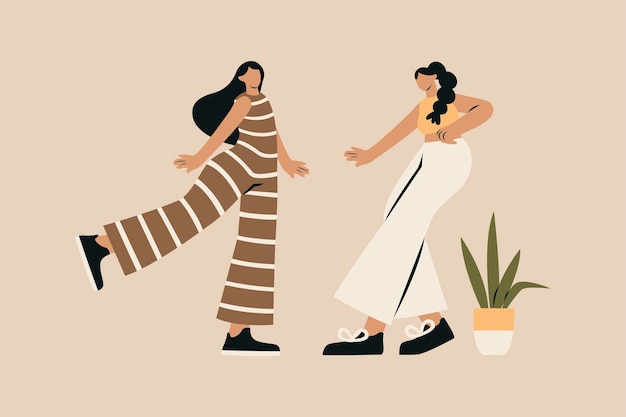 Happy Women Dancing Together Vector Illustration