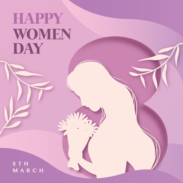 Счастливый женский день 8 символ фона с женщинами, держащими цветочный силуэт векторной иллюстрации