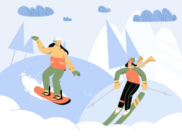 Vector happy women doing winter sports outdoors