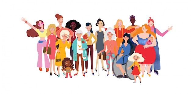 Vector happy women and girls standing together.  group of female friends, union of feminists, sisterhood. horizontal banner template on international women's day