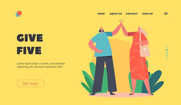 Счастливые женщины, дающие High Five Landing Page Template Подружки приветствуют или поддерживают друг друга Женские персонажи Неофициальные привет Жест Дружба Партнерство Мультфильм Люди Векторная иллюстрация