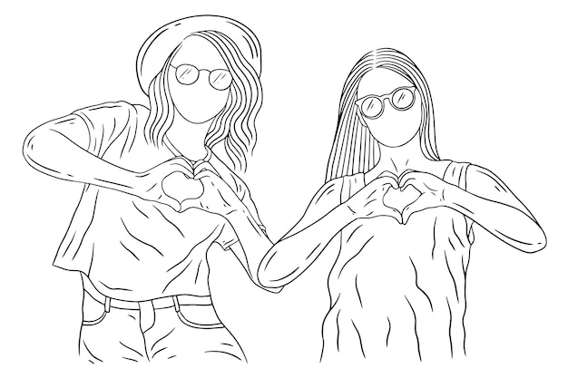 Vector happy women group girl best friend love line art hand drawn style illustration
