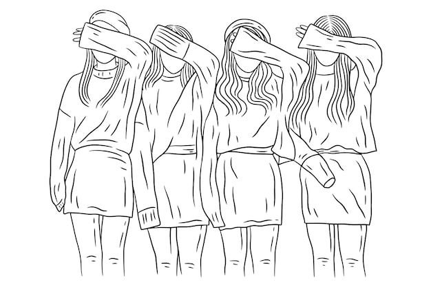 행복한 여자 그룹 여자 가장 친한 친구 사랑 라인 아트 손으로 그린 스타일 그림