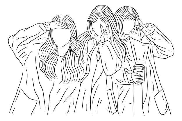 Happy Women group Girl Best Friend love line art hand drawn style illustration