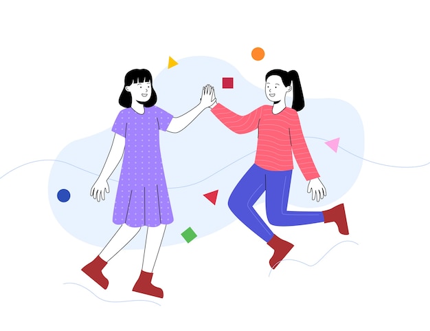 Happy women high five and jumps illustration