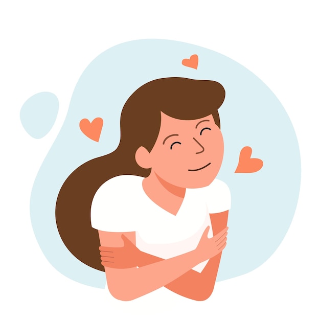 Vector happy women hugging herself with heart icons self care self love