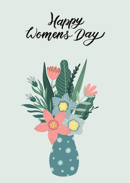 Happy Women's Day 8 maart Leuke kaart voor de voorjaarsvakantie Vectorillustratie van een datum een vrouw en een boeket bloemen