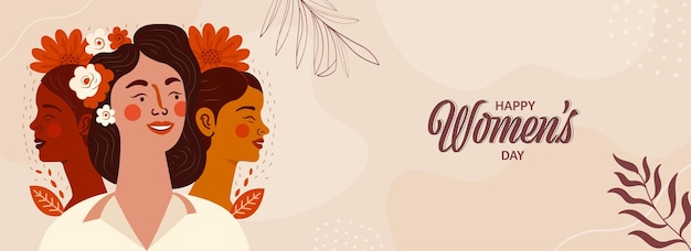 Happy Women's Day Banner Design met vrolijke jonge vrouwenkarakters op bloemen versierde achtergrond