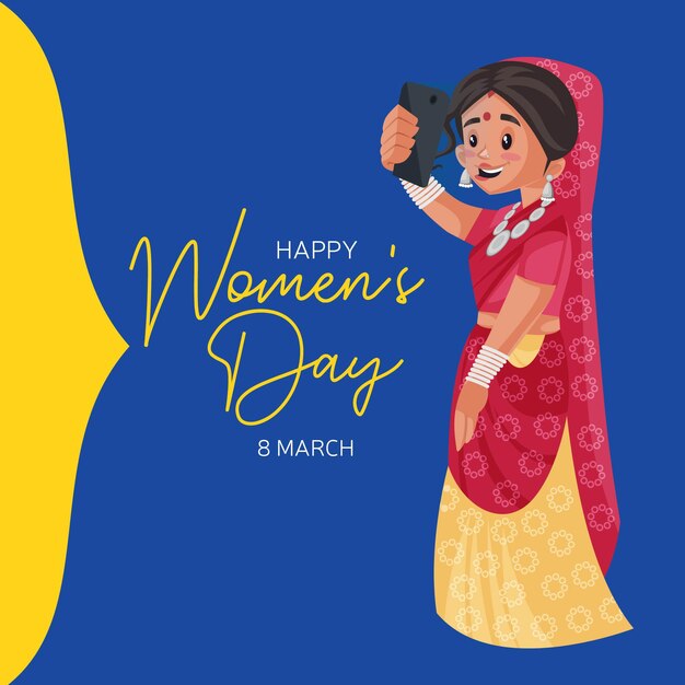 Happy women's day banner design with indian woman taking a selfie on her phone