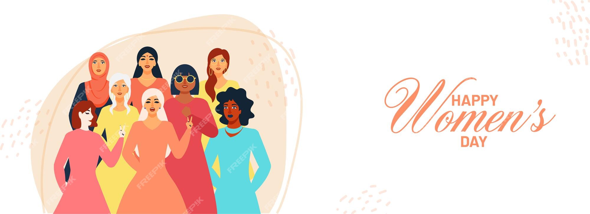 Premium Vector | Happy women's day banner or header design with different  religion female group on white background.