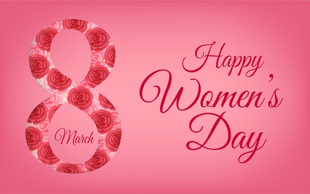 Happy Women's Day banner International Women's Day March 8 number decorated with red roses