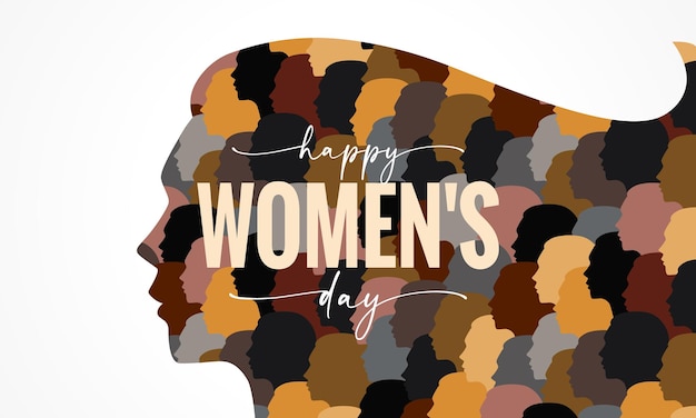 Happy women's day banner con la silhouette del viso della donna 8 marzo saluti della giornata internazionale della donna