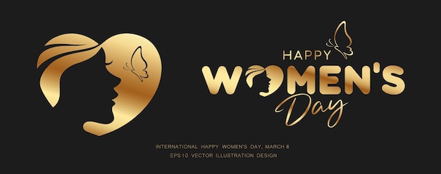 Happy women's day bericht vrouwen gezicht en hart vlinder gouden en zwarte conceptontwerp