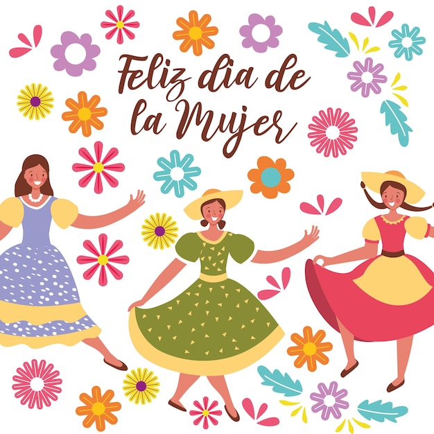 Happy women's day card with women between flowers vector illustration