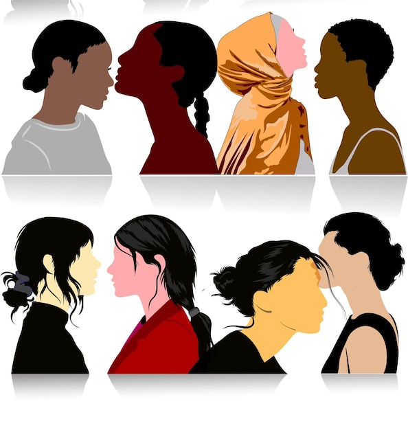 Happy women's day cards of different ethnicities and cultures standing side by side