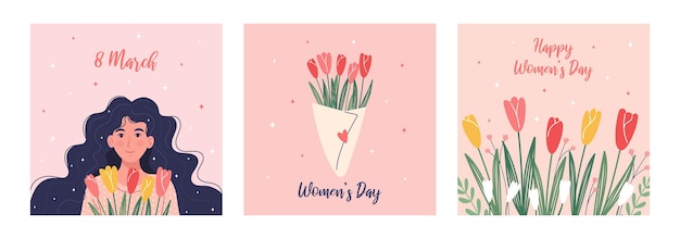 Happy Women's Day Collection of greeting cards posters templates Woman with bouquet of flowers