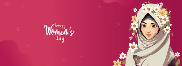 Happy women's day concept with beautiful muslim young girl character wearing hijab decorative floral on pink background