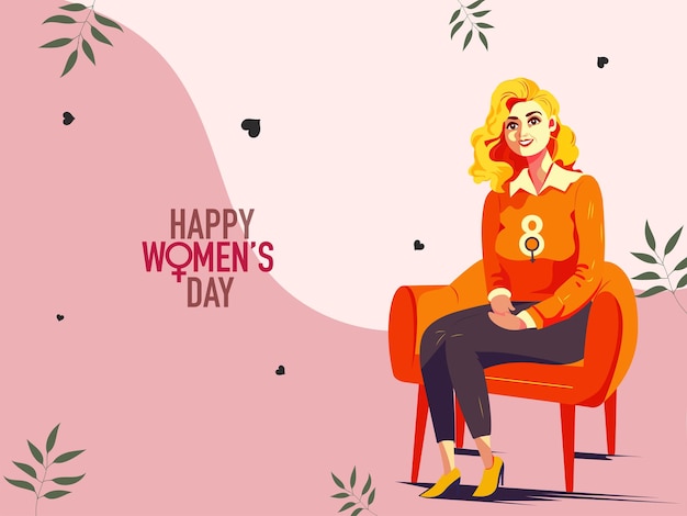 분홍색 배경의 안락의자에 앉아 있는 명랑하고 세련된 어린 소녀 캐릭터와 함께하는 행복한 여성의 날 개념