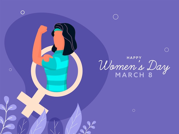 Happy women's day concept with faceless female showing her strong arm