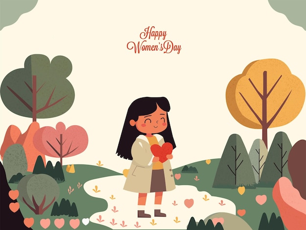 Vector happy women's day concept with young girl holding a red heart on nature background
