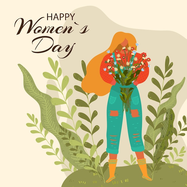 Happy Women's Day floral card lettering, beautiful holiday invitation, fun celebration, love mother,   illustration. International holiday, cute fashionable decoration, elegant greeting.