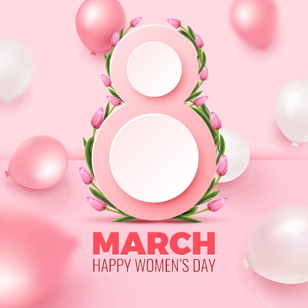 Happy Women's Day greeting card. Postcard on March 8. Number 8 shape, with bunch of tulips, pink and white balloons around it on rosy background. Womens Day Template. 