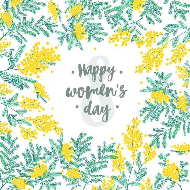 Vector happy women's day greeting card wish against figure eight surrounded by beautiful blooming yellow mimosa flowers and green leaves