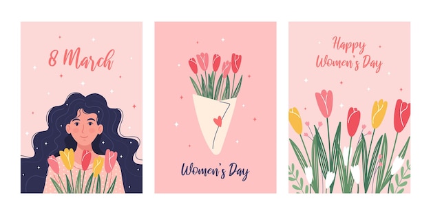 春の花と花の背景を持つ幸せな女性の日グリーティング カード