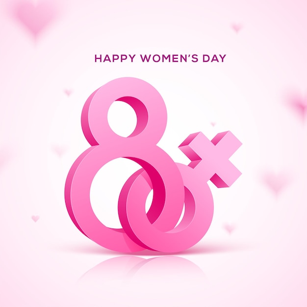 Happy Women's Day holiday . 3D eight pink text with pink female symbol.  