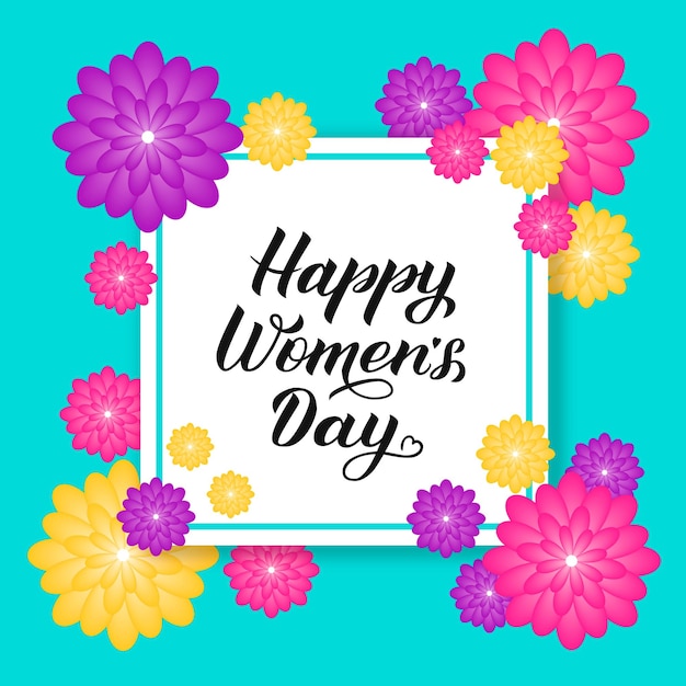 Happy women s day kalligrafie belettering met kleurrijke lentebloemen origami papier knippen stijl vectorillustratie internationale vrouwendag poster banner feestuitnodigingen wenskaarten enz