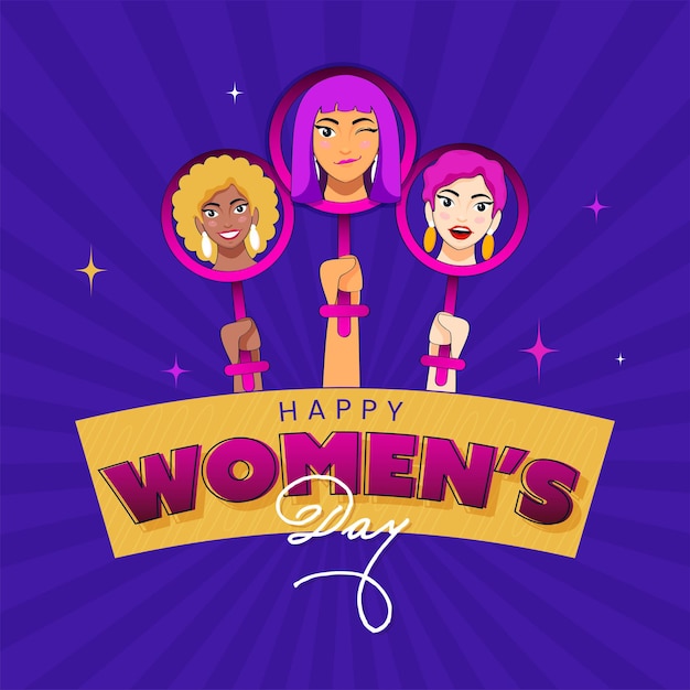 Happy women's day poster design met handen met vrouwelijk geslacht symbool op paarse stralen achtergrond.