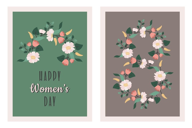 Happy Women's Day wenskaart Set van verticale bloemen posters met wilde bloemen tekst lente achtergrond bloemenpatroon Vector plat Hand getekende illustratie voor 8 maart verjaardag Moederdag