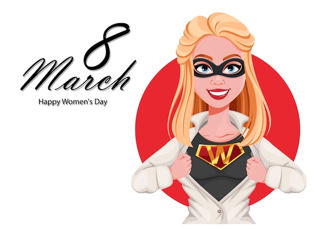 Happy Women's Day wenskaart. Vrouw superheld