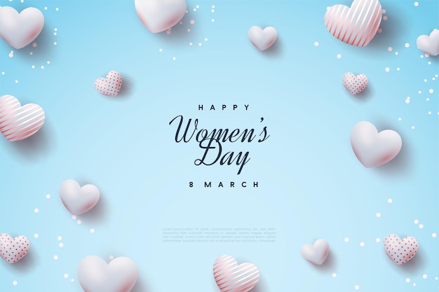 Happy women's day with blue love balloons scattered around.