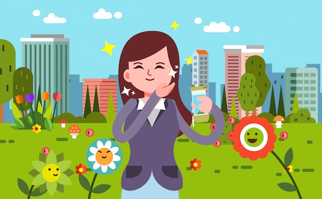 Vector happy women with her glowing skin take a selfie in park illustration