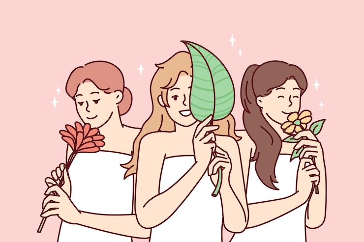 Vector 快適なスパ トリートメントの後にタオルに包まれ、自然の植物を保持している幸せな女性のベクトル画像