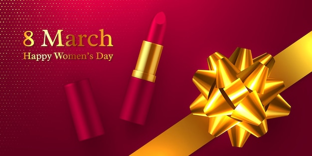 Happy womens day. 3d realistic lipstick with glittering golden bow.