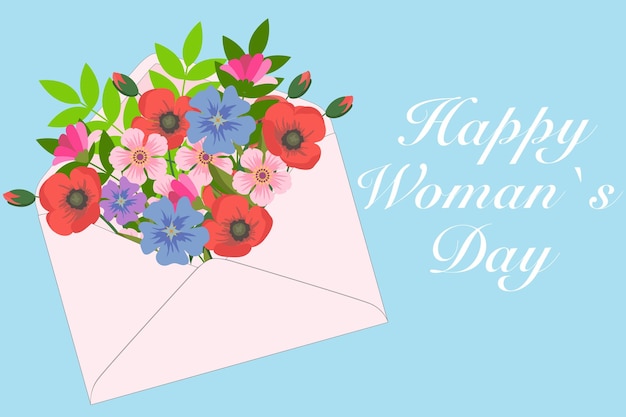 Happy Womens Day Bouquet of spring flowers in an envelope Spring holiday design template