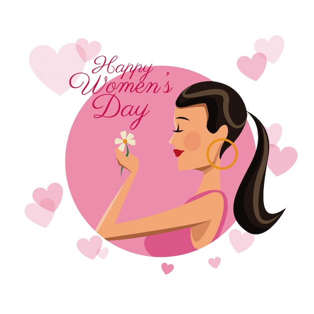 Happy womens day card girl daisy flower pink hearts image 