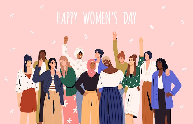 Vector happy womens day card international multiethnic group of diverse feminists together different races in solidarity and sisterhood on spring female holiday 8 march colored flat vector illustration