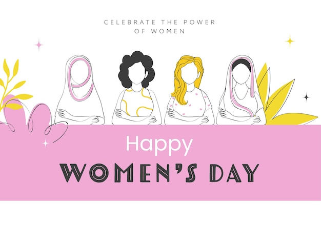 Вектор Концепция счастливого женского дня с разнообразной женской группой в стиле каракулей на розовом и белом фоне