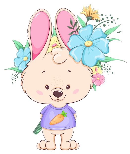 幸せな女性の日花の美しい花束を保持しているかわいいウサギの漫画のキャラクター
