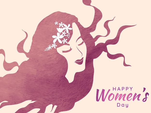 Happy womens day greeting card design with beautiful young woman face and flying hair against background