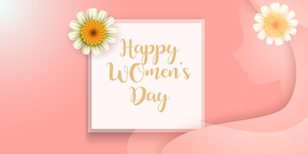 Happy womens day greetings fiori bianchi cornice sfondo rosa chiaro banner di design per social media