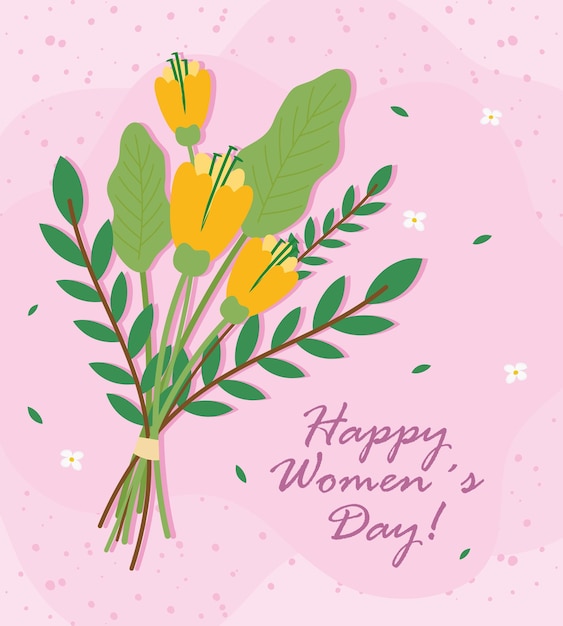 Happy womens day lettering card with flowers bouquet  illustration